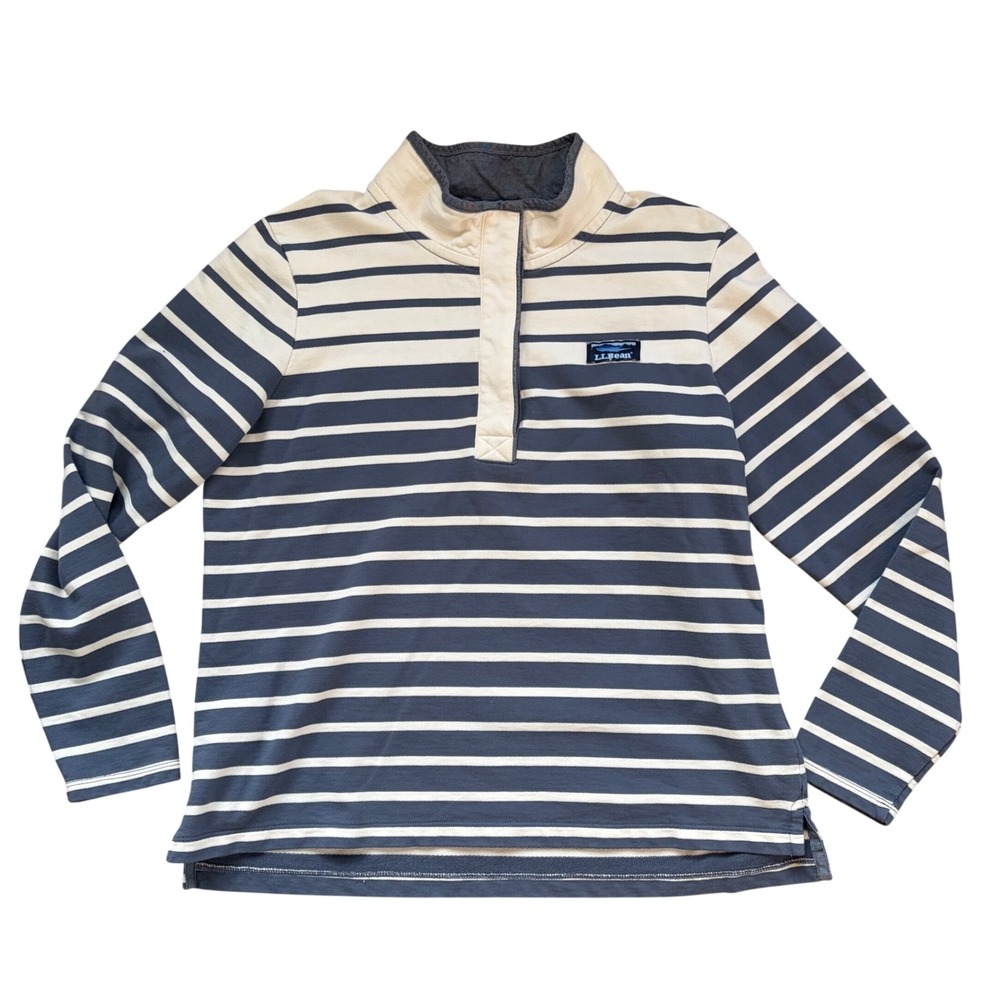 LL Bean Women's Blue White Striped Snap Sweatshirt Petite Medium Nautical Preppy - Picture 4 of 9